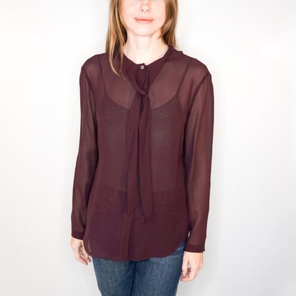 PIAZZA SEMPIONE Maroon Neck-Tie Button-Down Blouse - Picture 5 of 6